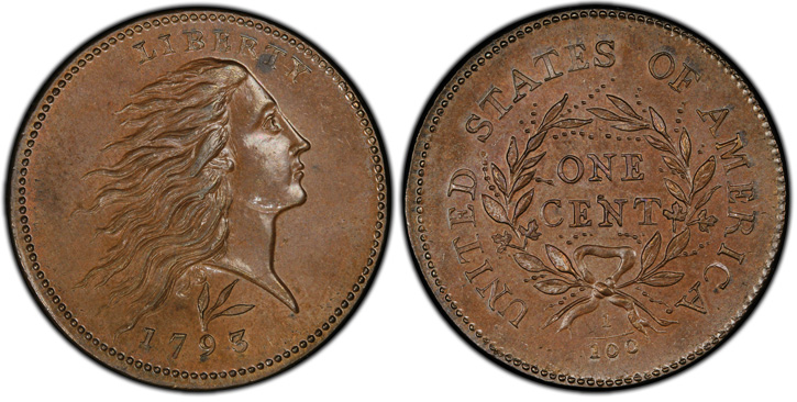 1793 Flowing Hair Cent. Wreath Reverse. S-11A.  Vine and Bars Edge. MS-66 BN (PCGS). 